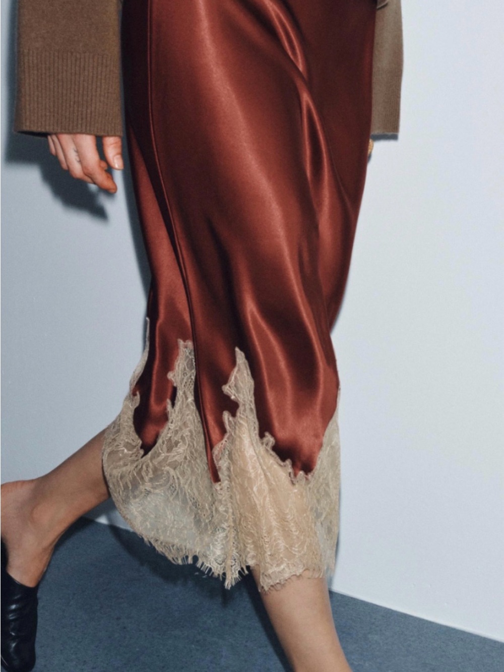 Zara Satin Midi Slip Skirt in Rust with Cream Lace Trim